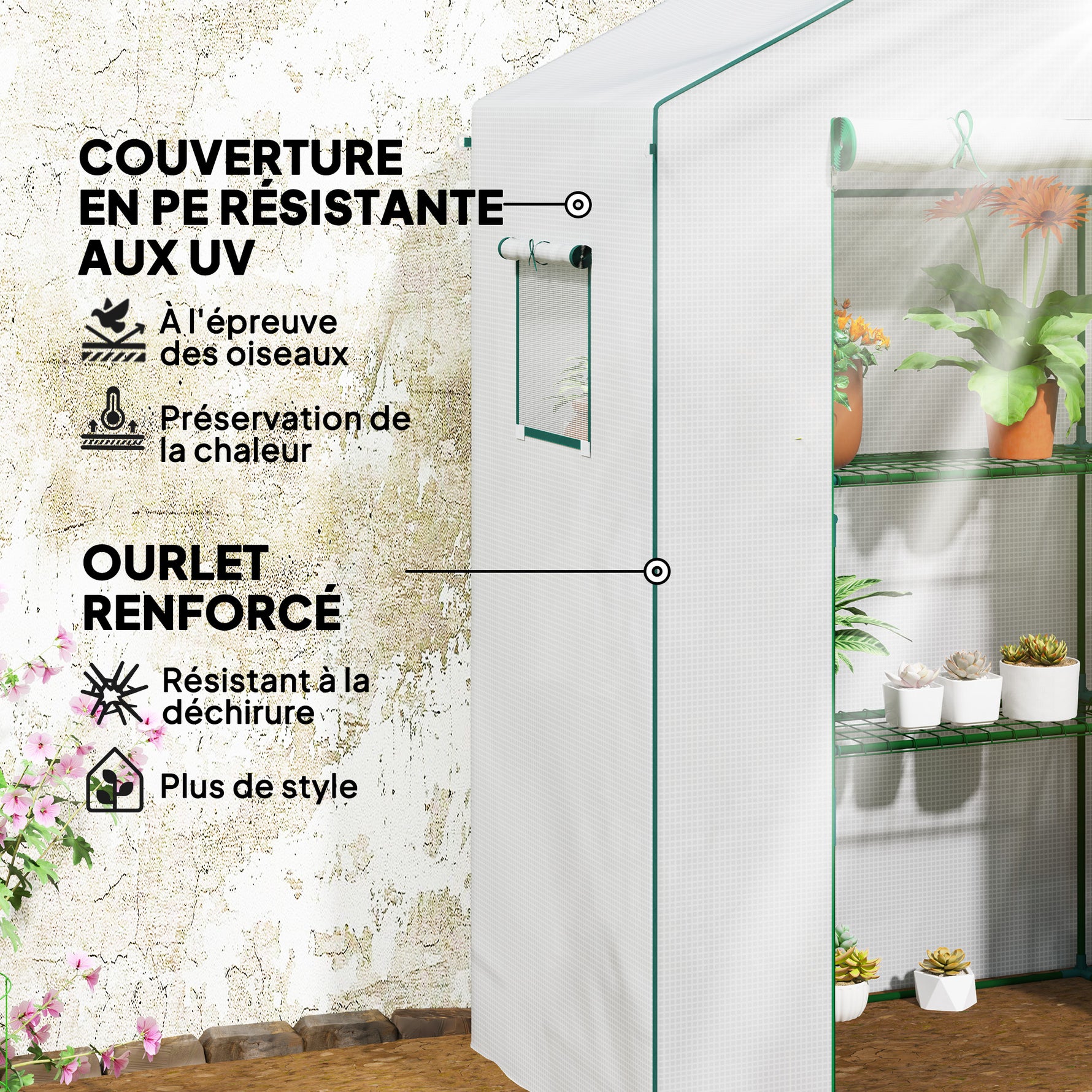 Serre de jardin avec 1 porte, 2 fenêtres et 2 étagères en forme de U pour Légumes Plantes Fleurs Bâche PE 140x73x190 cm