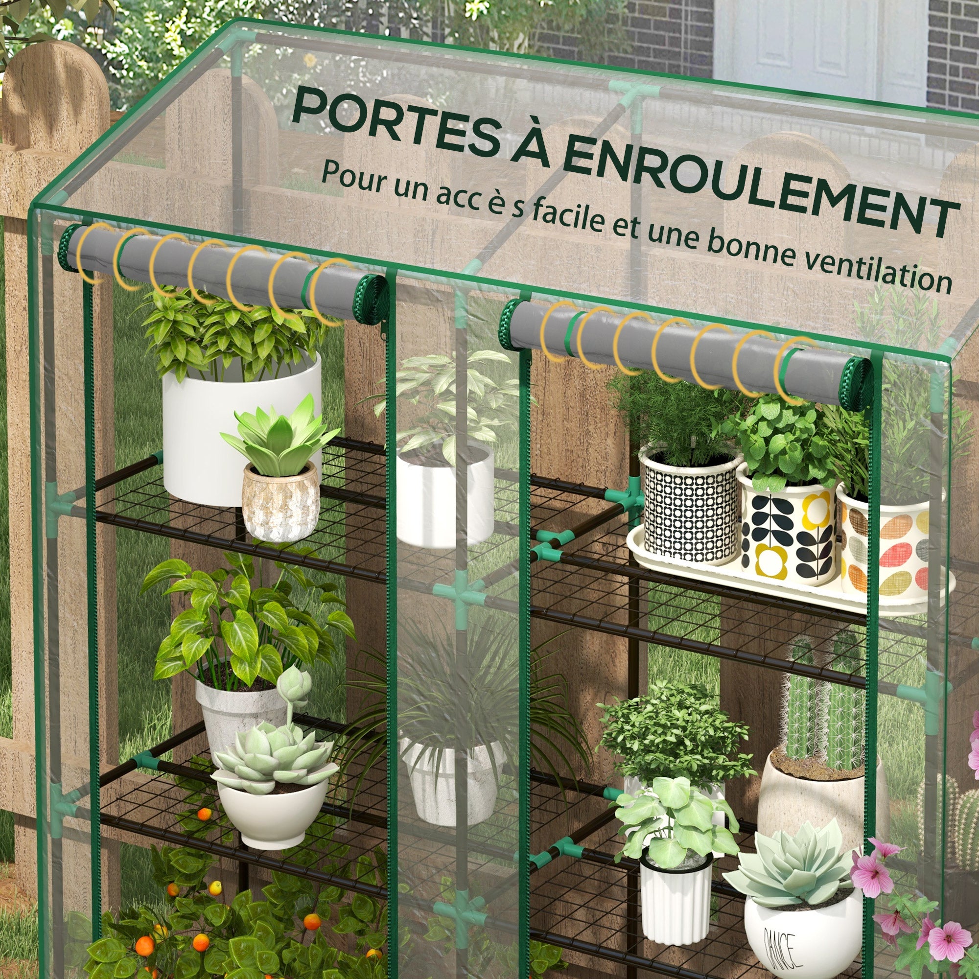 Mini serre de jardin 3 niveaux avec bâche en plastique, 2 portes enroulables, 6 étagères, dim. 143L x 46l x 141/151H cm