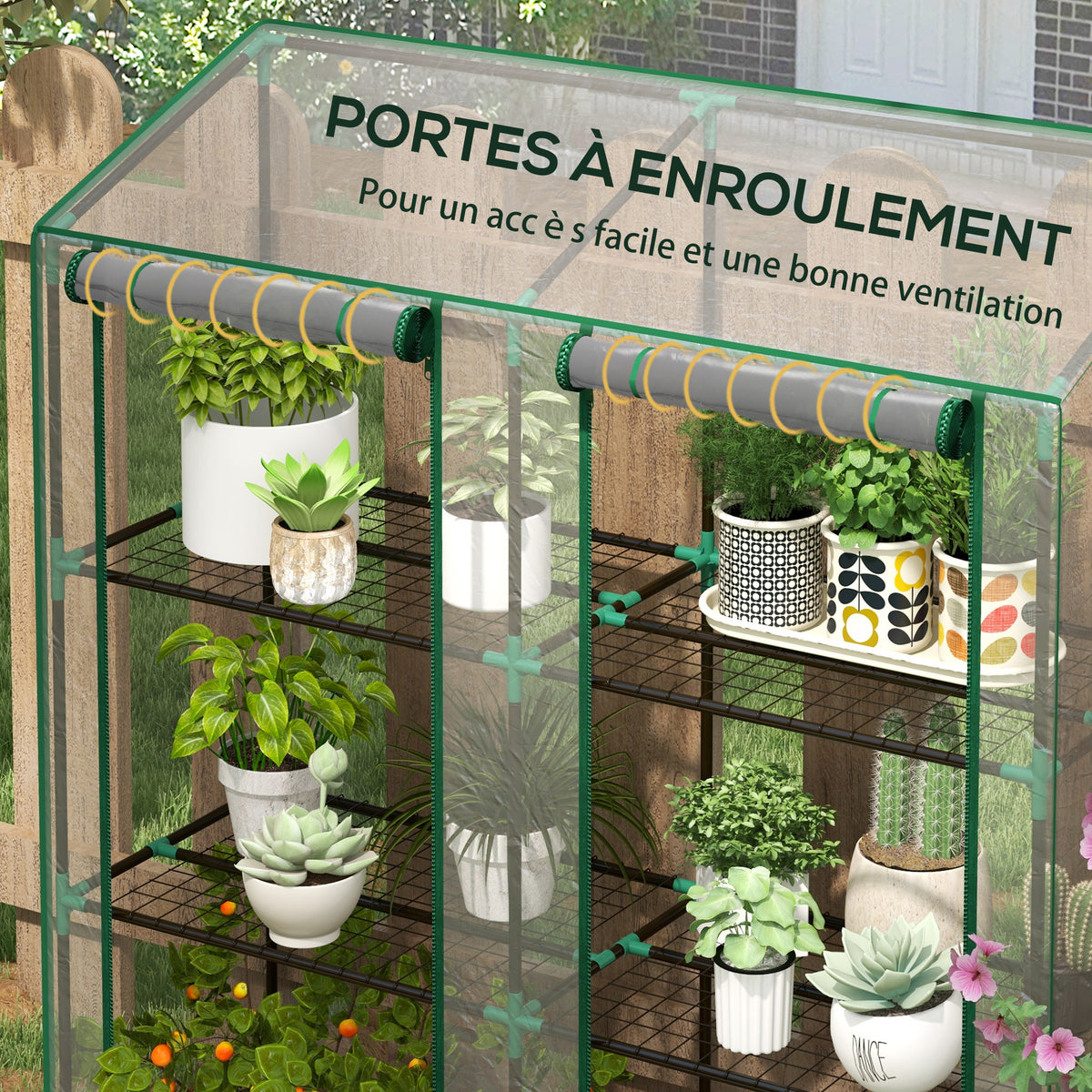 Mini serre de jardin 3 niveaux avec bâche en plastique, 2 portes enroulables, 6 étagères, dim. 143L x 46l x 141/151H cm