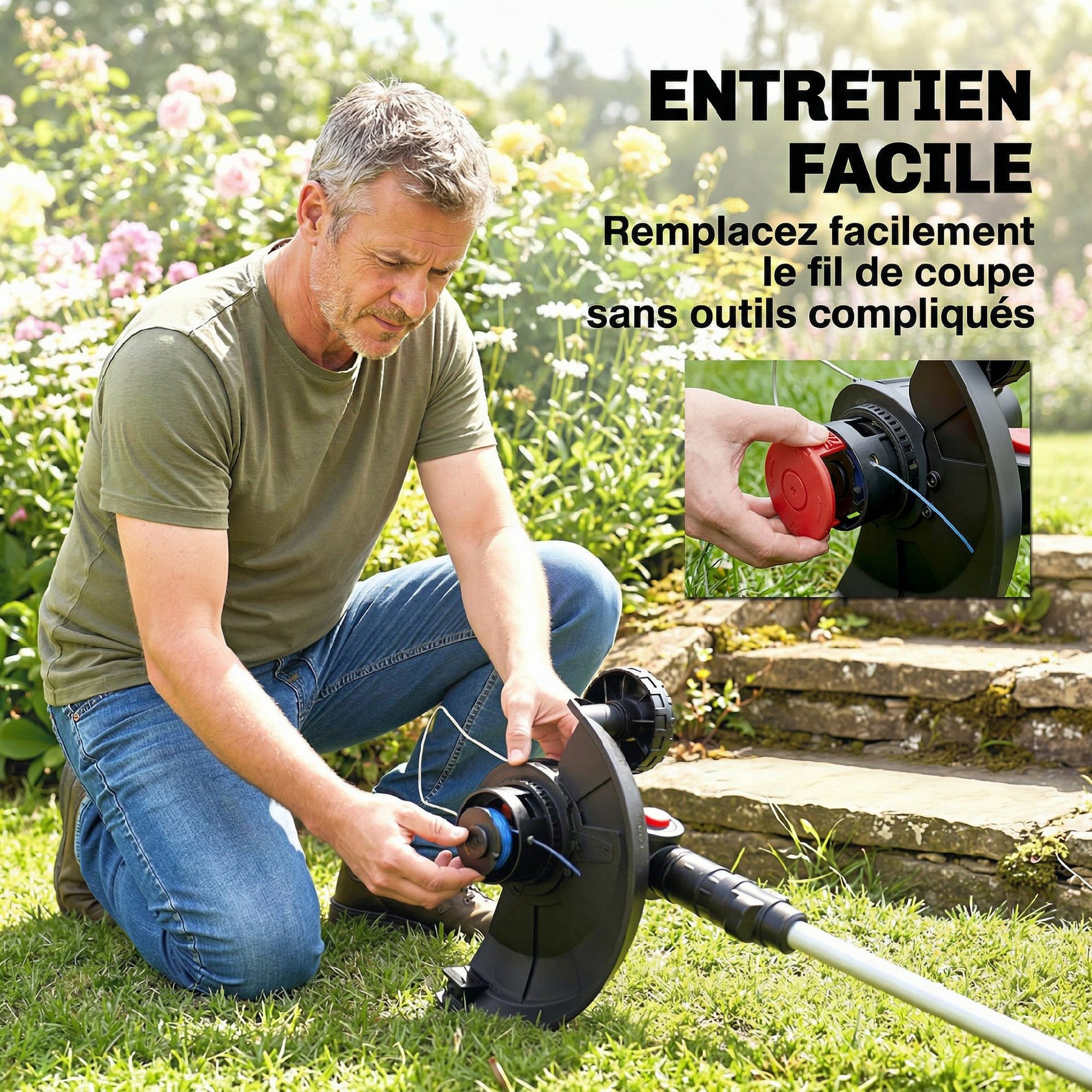 Coupe-Bordures sans Fil 18V, 2 Batteries 4,0 Ah, Chargeur, Coupe 25 cm, Manche Télescopique, 124x32x19cm, Argent