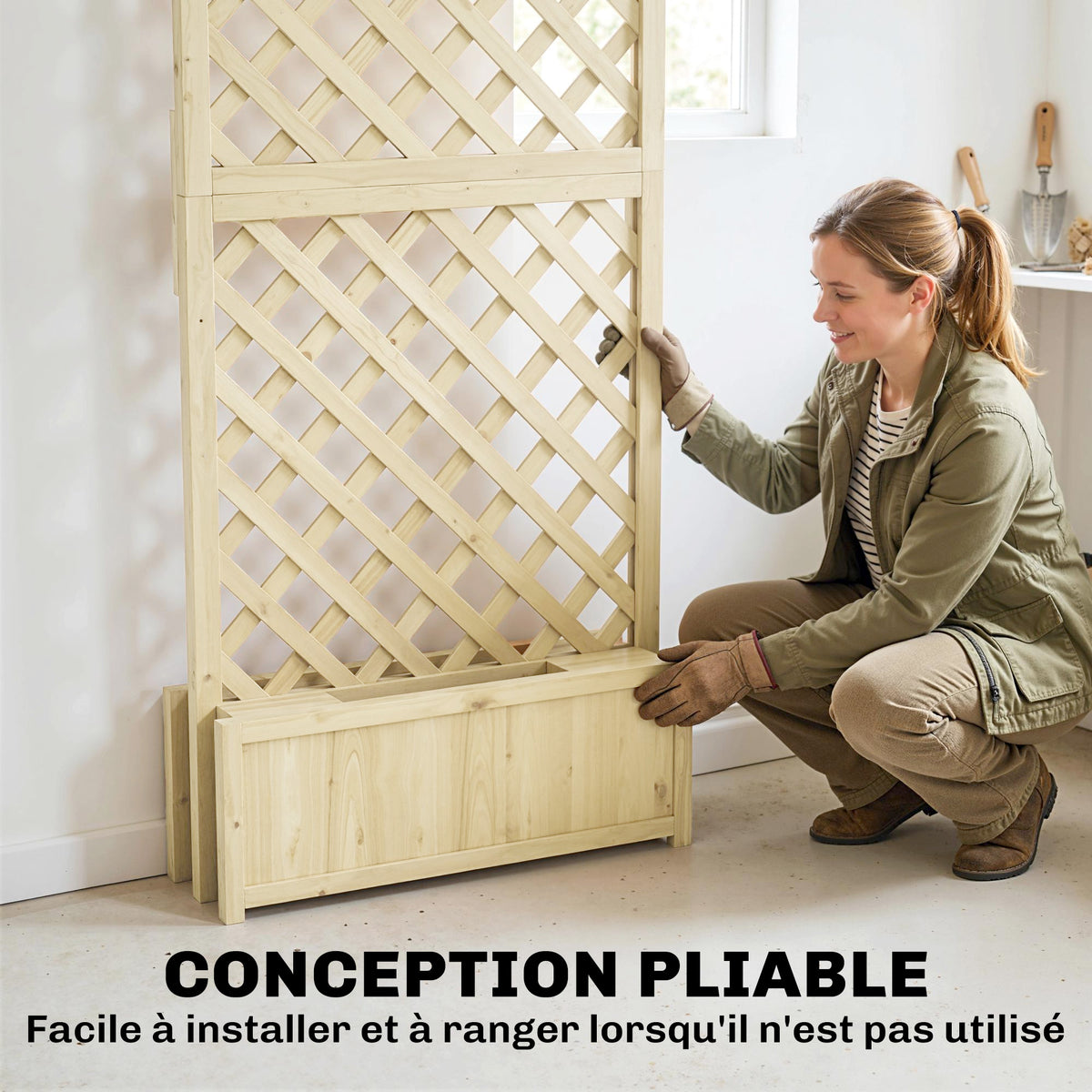 Jardinière avec Treillis Carré Potager Bois Pliable Double Bac à Fleurs pour Plantes Grimpantes 73 x 70 x 170 cm Naturel