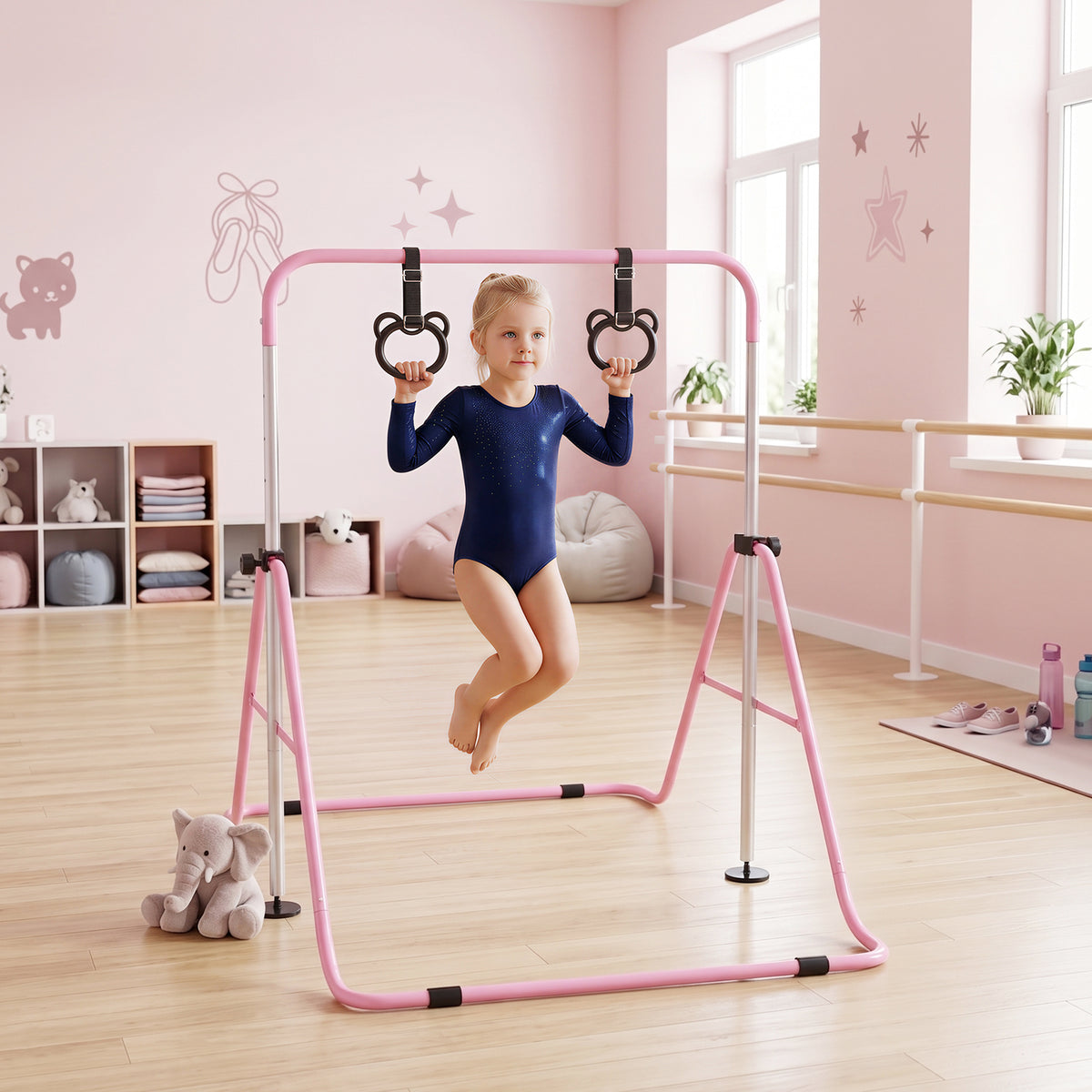 Turnreck für Kinder, klappbare und höhenverstellbare Reckstange mit Gymnastikringen, rosa