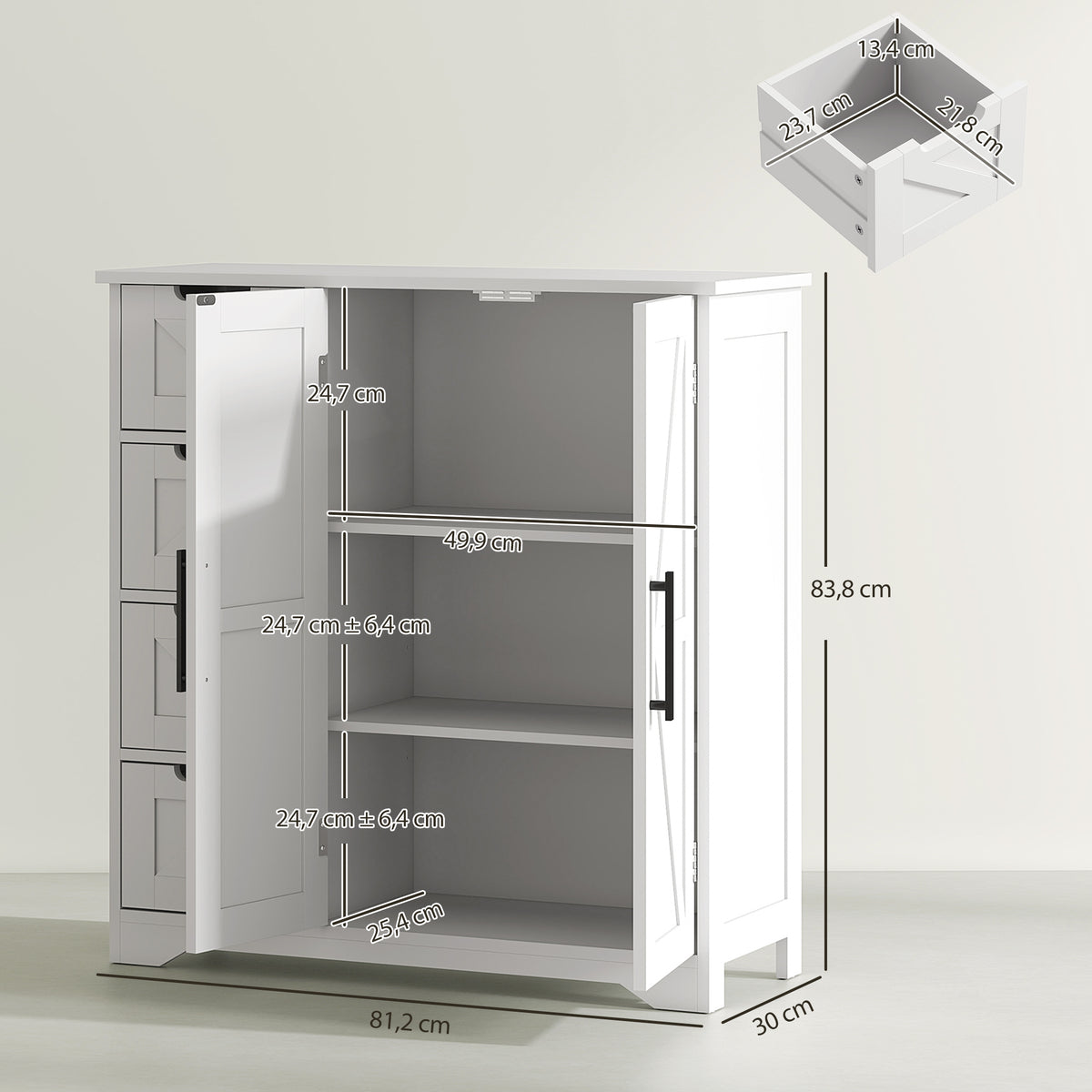 Meuble de salle de bain, meuble de rangement, avec 4 tiroirs, 1 placard, pour petits espaces, 81,2 x 30 x 83,8 cm, blanc