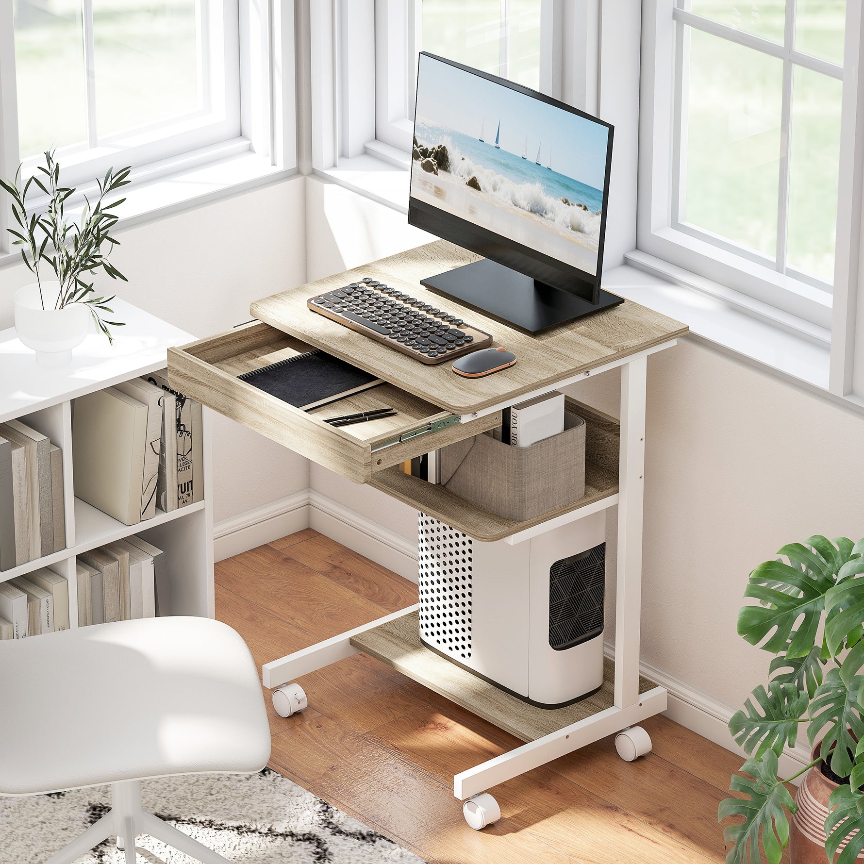 Bureau d'ordinateur sur roues, bureau avec rangement 56 x 51 cm avec tiroir, compartiment et support CPU, chêne