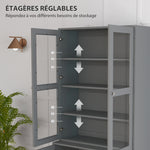 Bibliothèque vitrine, meuble de rangement à 6 niveaux avec 4 portes dont 2 en verre trempé, étagères réglables, gris