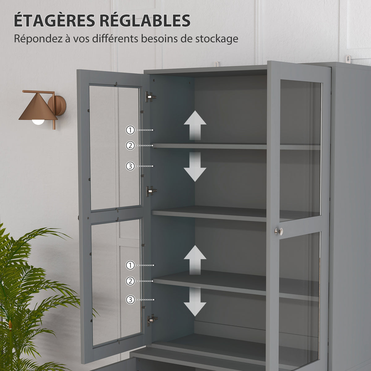 Bibliothèque vitrine, meuble de rangement à 6 niveaux avec 4 portes dont 2 en verre trempé, étagères réglables, gris