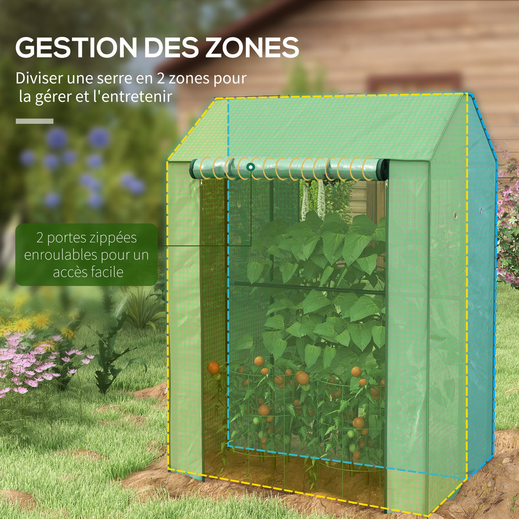 Serre de jardin avec 2 espaces et 2 portes enroulables - 0,8 m² Serre à tomates dim. 1L x 0,8l x 1,5H m, Acier et PE