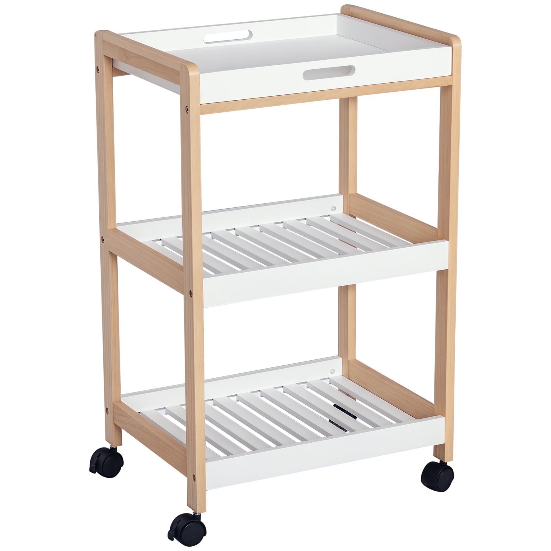 Chariot de service desserte de cuisine à roulettes 2 étagères + plateau amovible bois de pin MDF blanc
