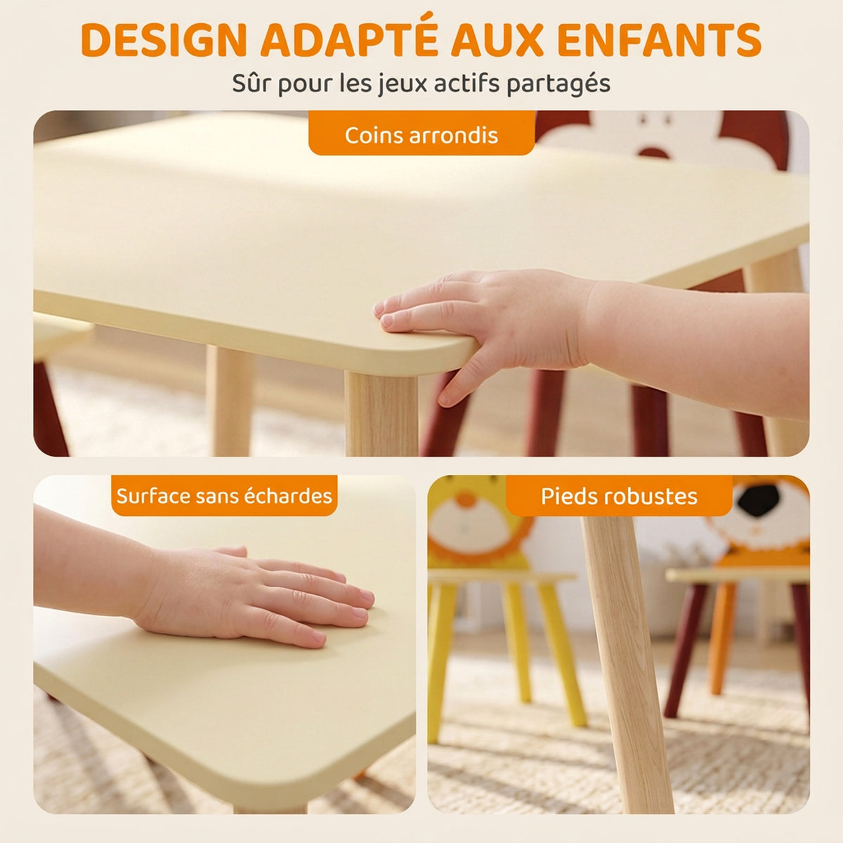 Kinderkamertafelset met 4 stoelen, 5-delig houten meubelset, rugleuningen in diervorm, afgeronde hoeken, 3-8 jaar, geel
