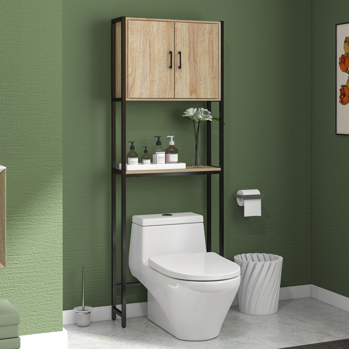 Étagère de toilettes meuble de salle de bain dessus toilette WC avec placard 2 portes et étagère ouverte