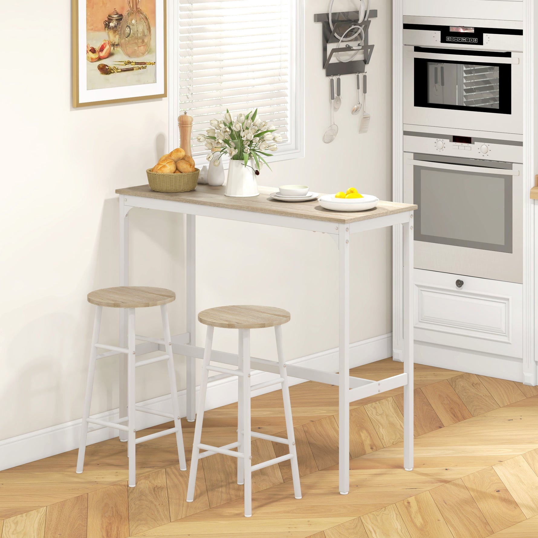 Ensemble table haute de bar + 2 tabourets structure en acier plateau aspect bois naturel 2 personnes blanc