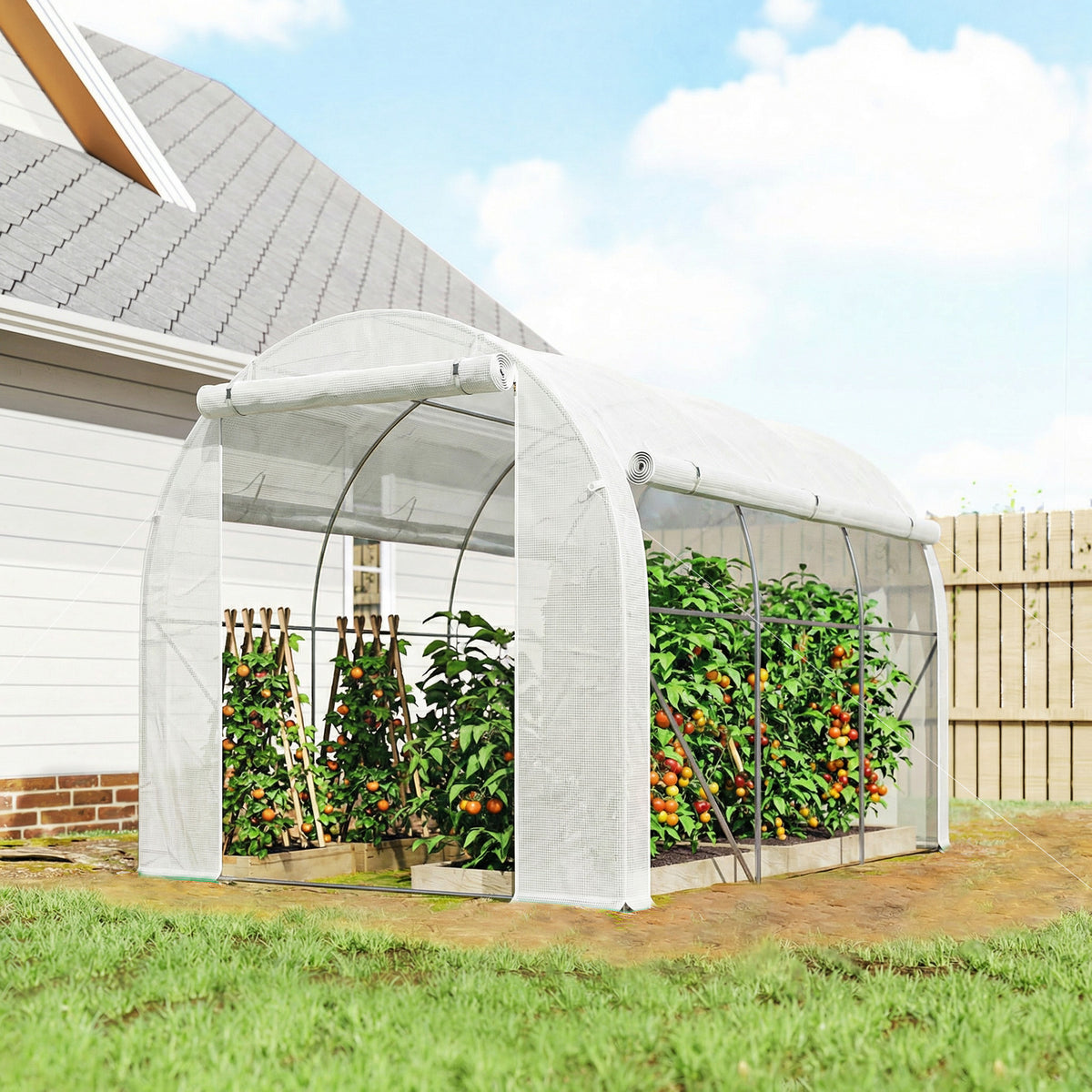 Serre de jardin 6 m² dim. 3 x 2 m avec 1 porte + 2 parois latérales zippées enroulables, 6 fenêtres, Blanc