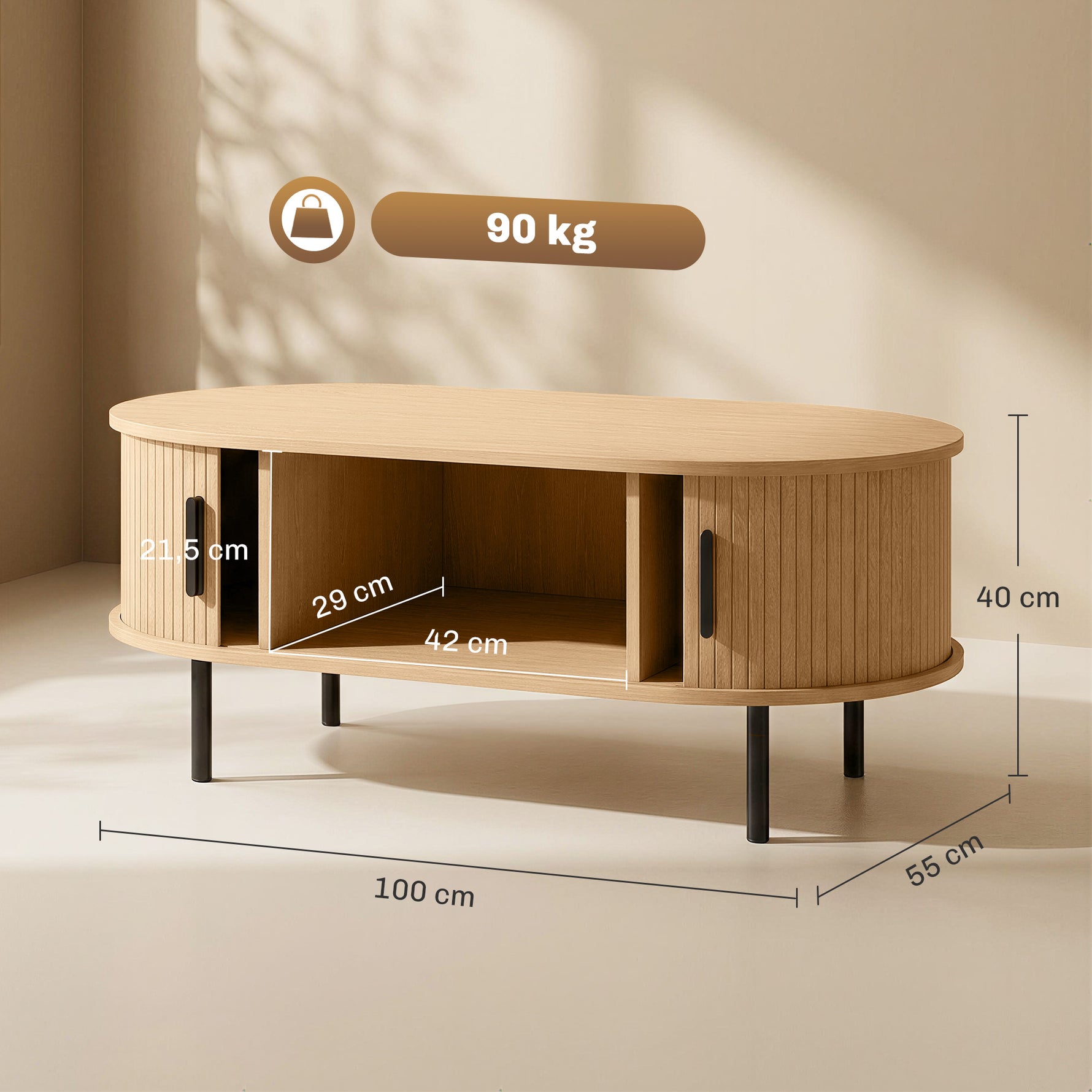 Table basse ovale en bois, table de salon moderne avec portes coulissantes et rangement caché, 100x55x40cm, bois naturel