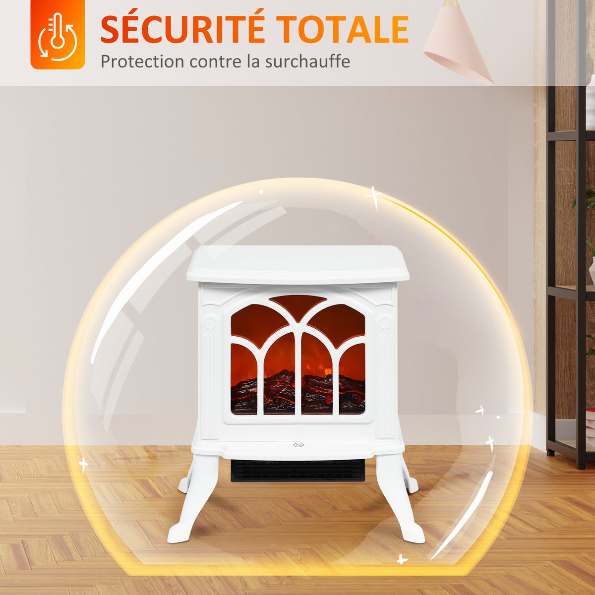 Cheminée électrique sur pied 750/1500 W, fausse cheminée décorative avec effet flamme LED, 37,3 x 23,1 x 44 cm, blanc-6