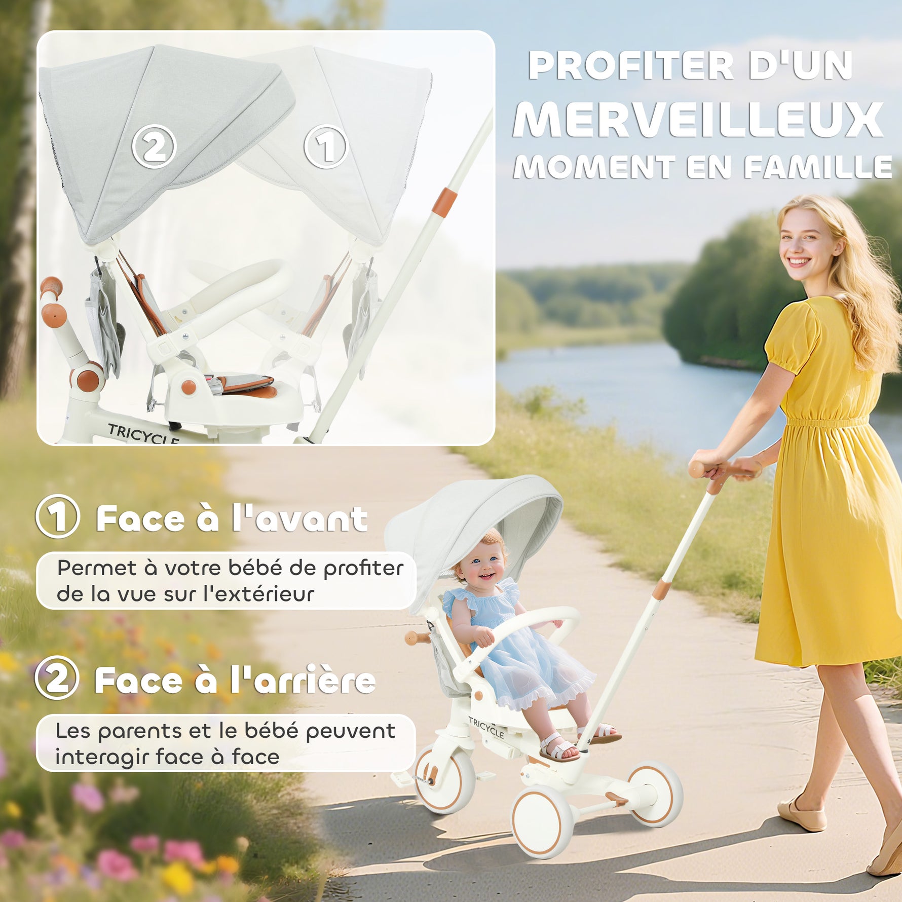 Tricycle bébé évolutif 5 en 1, tricycle enfant pliable avec poignée réglable, capote amovible, pour 1-3 ans, crème