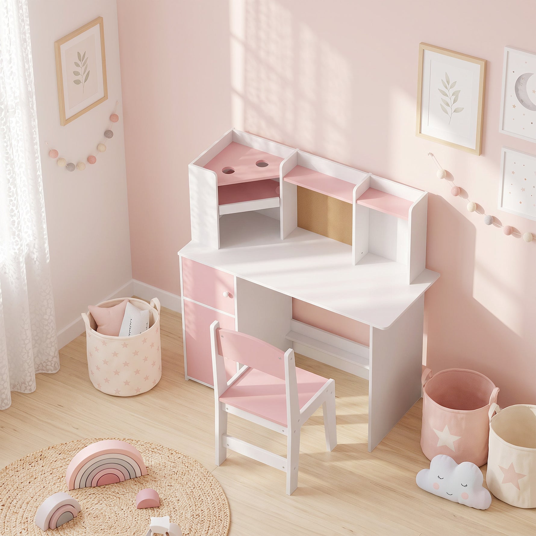 Bureau Enfant avec Chaise, Table d'Étude, Support de Tablette Réglable, Porte-Stylos, Panneau en Liège, 5-12 ans, Rose