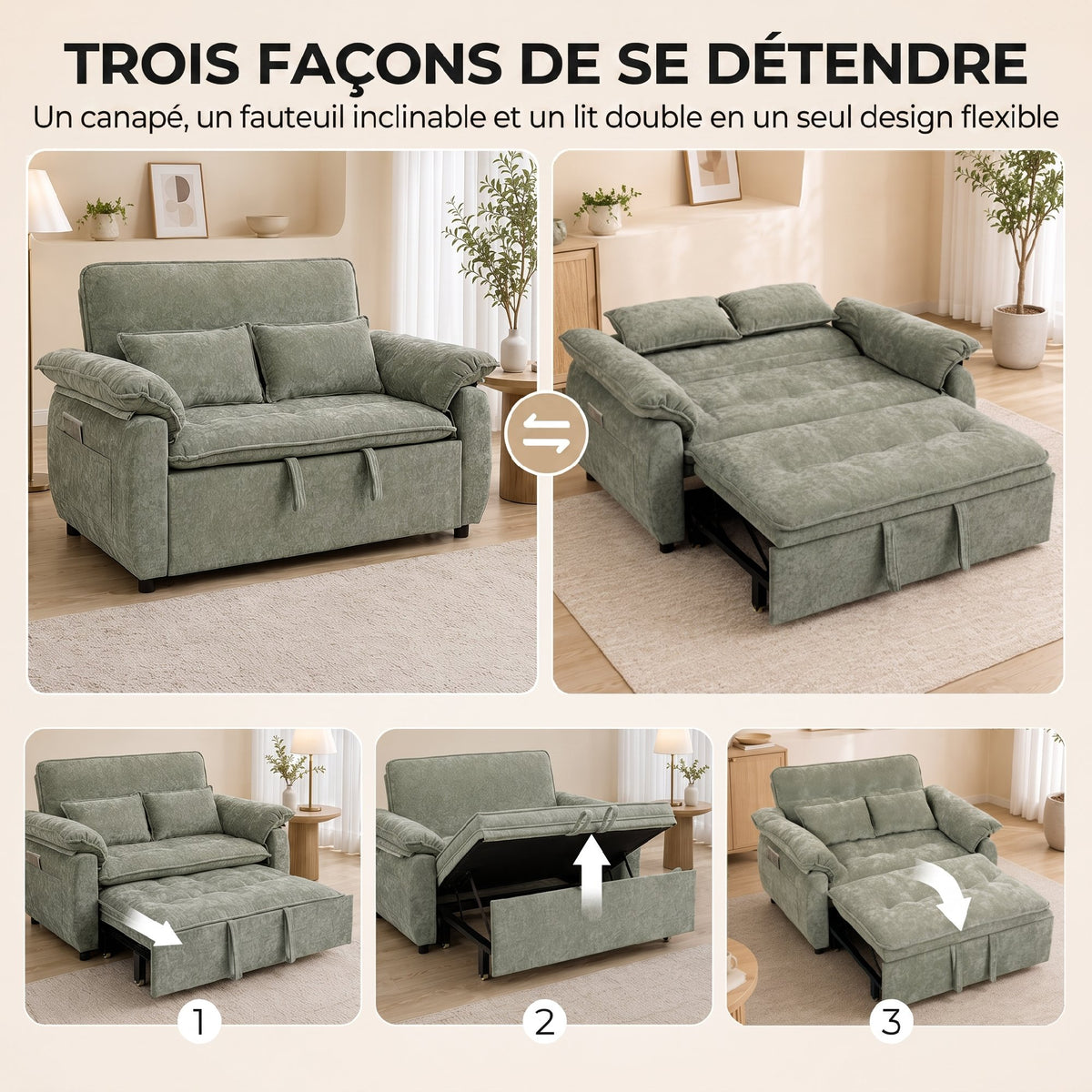 Canapé Convertible 2 Places, Canapé-Lit 3 en 1 Velours 137 cm, Dossier Réglable, Assise Large, 2 Oreillers, Vert