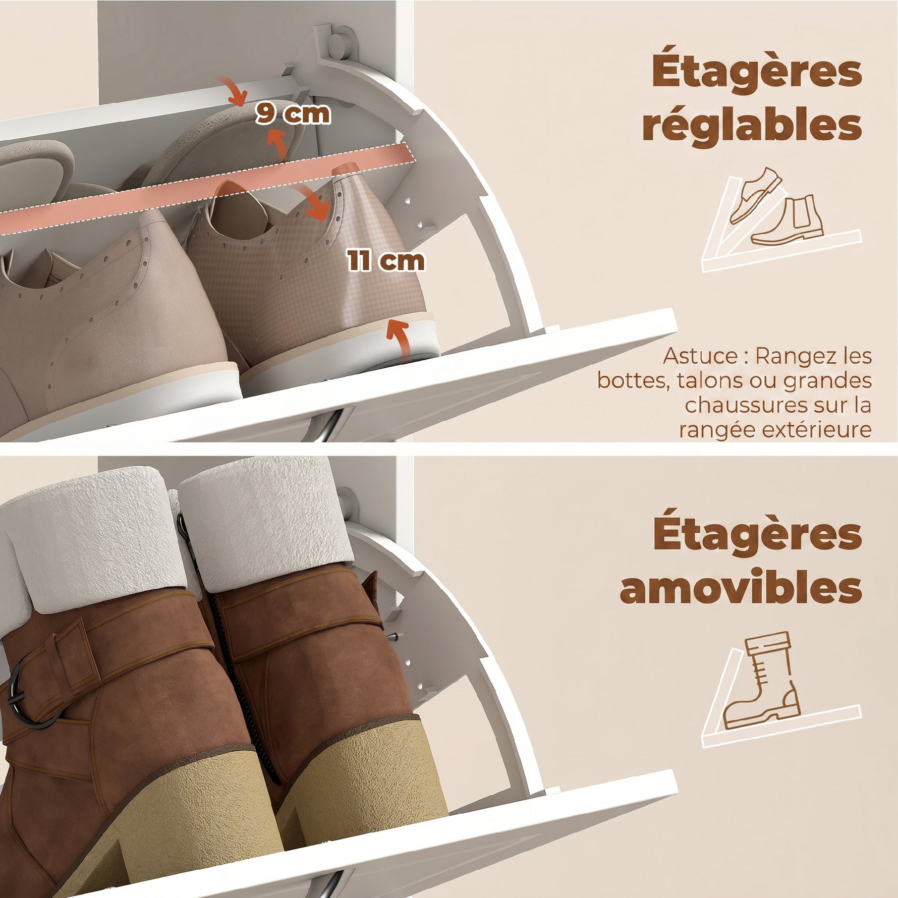 Meuble chaussure 8 paires, armoire à chaussures étroit avec tiroir et 2 portes abattants et étagère réglable, blanc