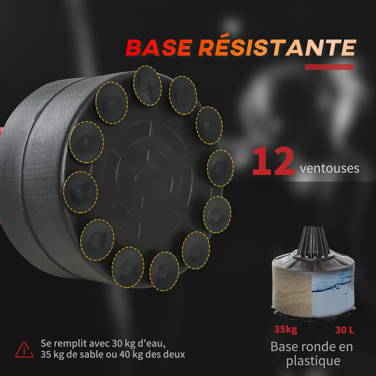 Sac de frappe sur pieds punching ball brunier 3 en 1 avec ballon de vitesse bras flexible rotatif hauteur réglable revêtement synthétique base HDPE dim. 88L x 48l x 155-205H cm noir rouge