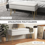 Banco baúl de almacenamiento 2 en 1 de tela con patas de horquilla de acero dorado 100 x 40 x 49 cm crema
