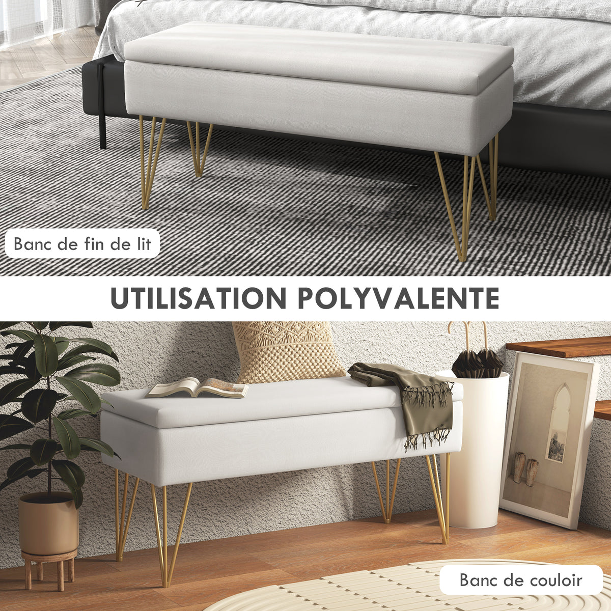 Banco baúl de almacenamiento 2 en 1 de tela con patas de horquilla de acero dorado 100 x 40 x 49 cm crema