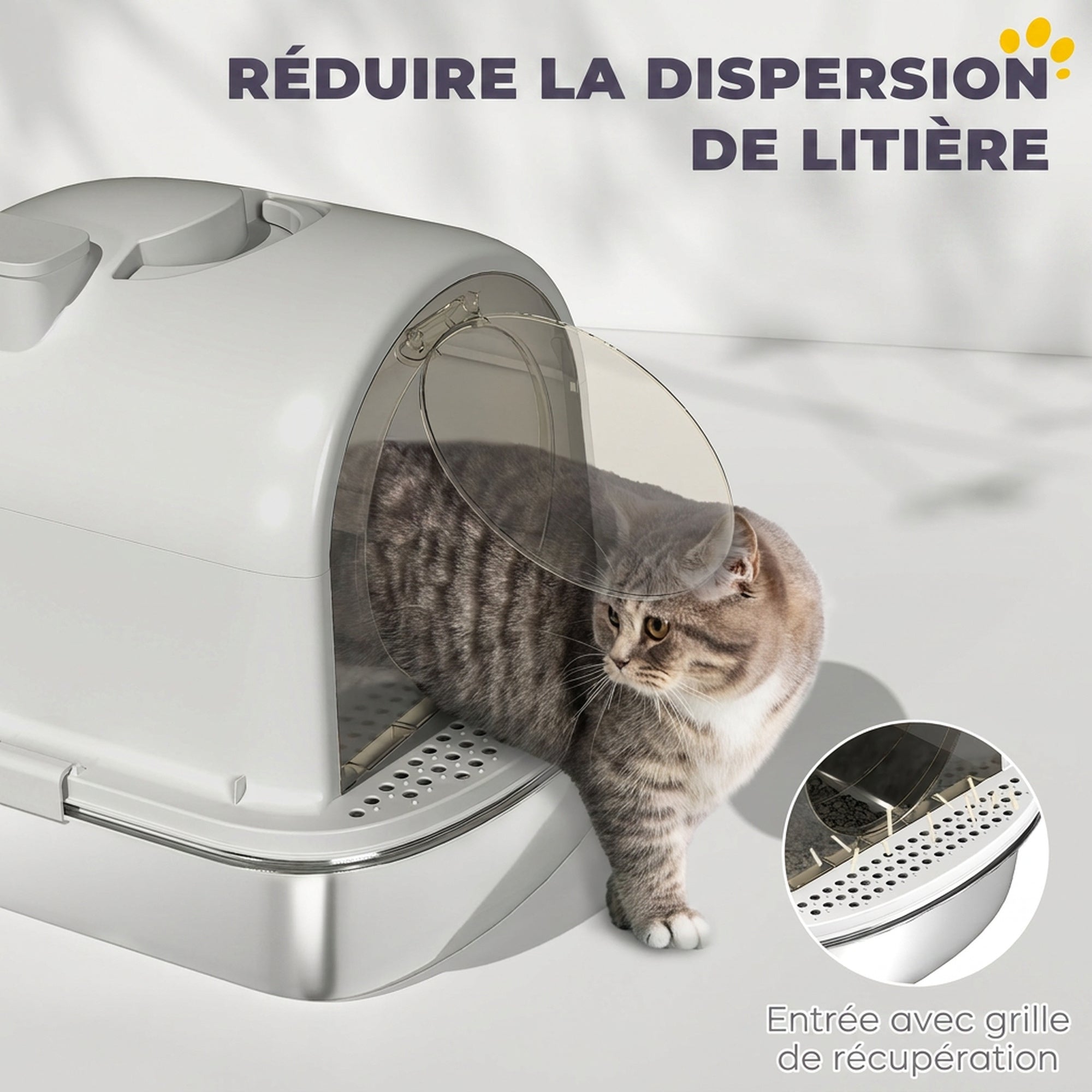Maison de toilette pour chat bac à litière fermé bac acier inoxydable, nettoyage facile, 52,4 x 41,3 x 39,9 cm, gris