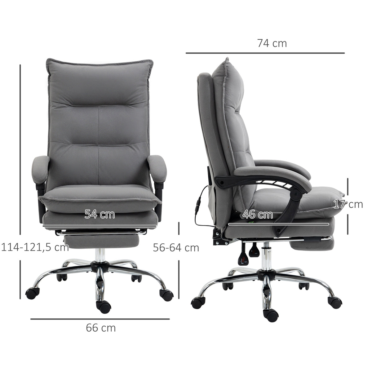 Fauteuil de bureau massant et chauffant, chaise de bureau, hauteur réglable, dossier inclinable, 66x74x121,5cm gris