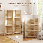 Paravent intérieur en bois 4 panneaux 160 x 170 cm, séparateur de pièce pliable avec 3 étagères, bois naturel