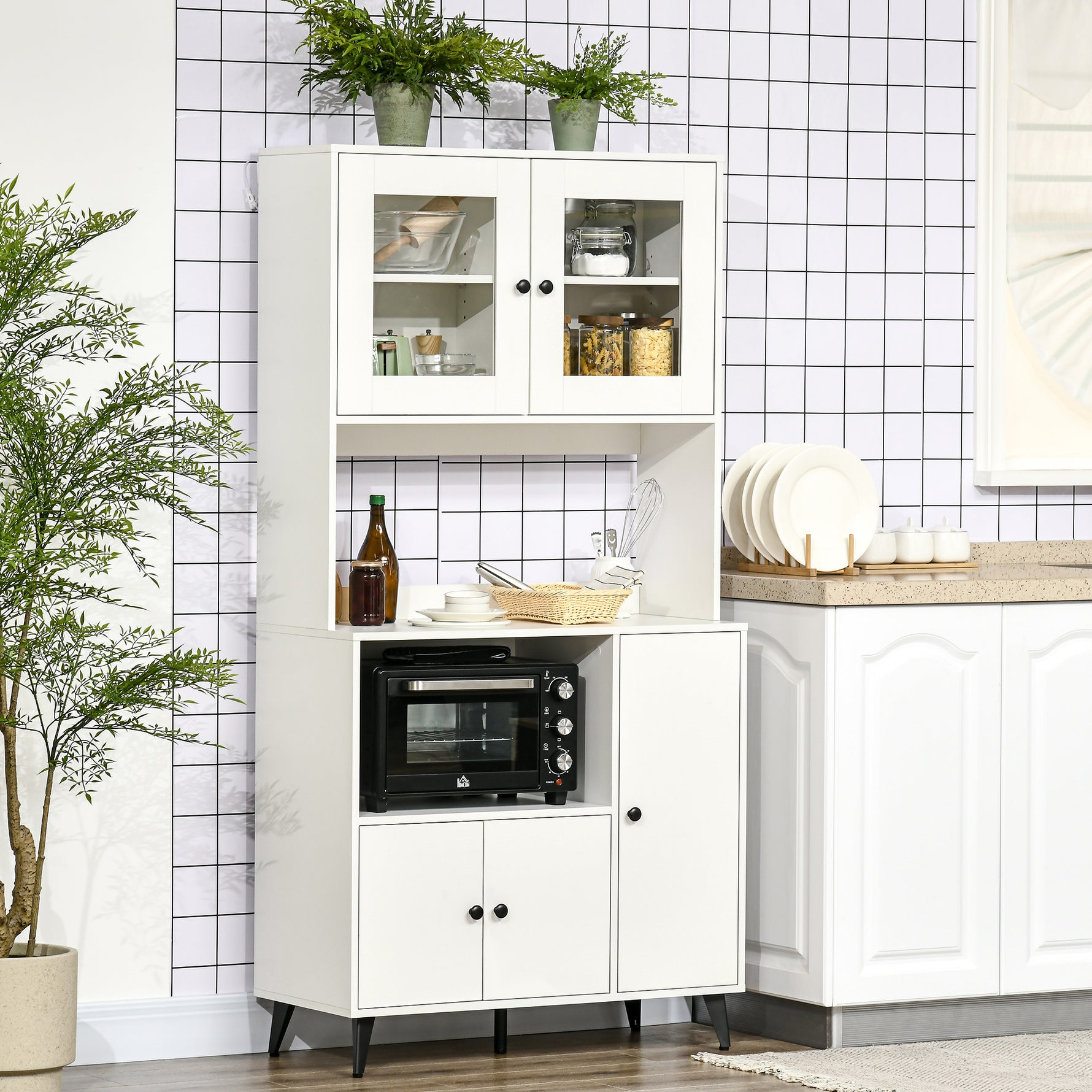 Armoire de cuisine avec 3 placards, niches, étagères réglables, portes vitrées, passe-câble, 90x40x180cm, blanc