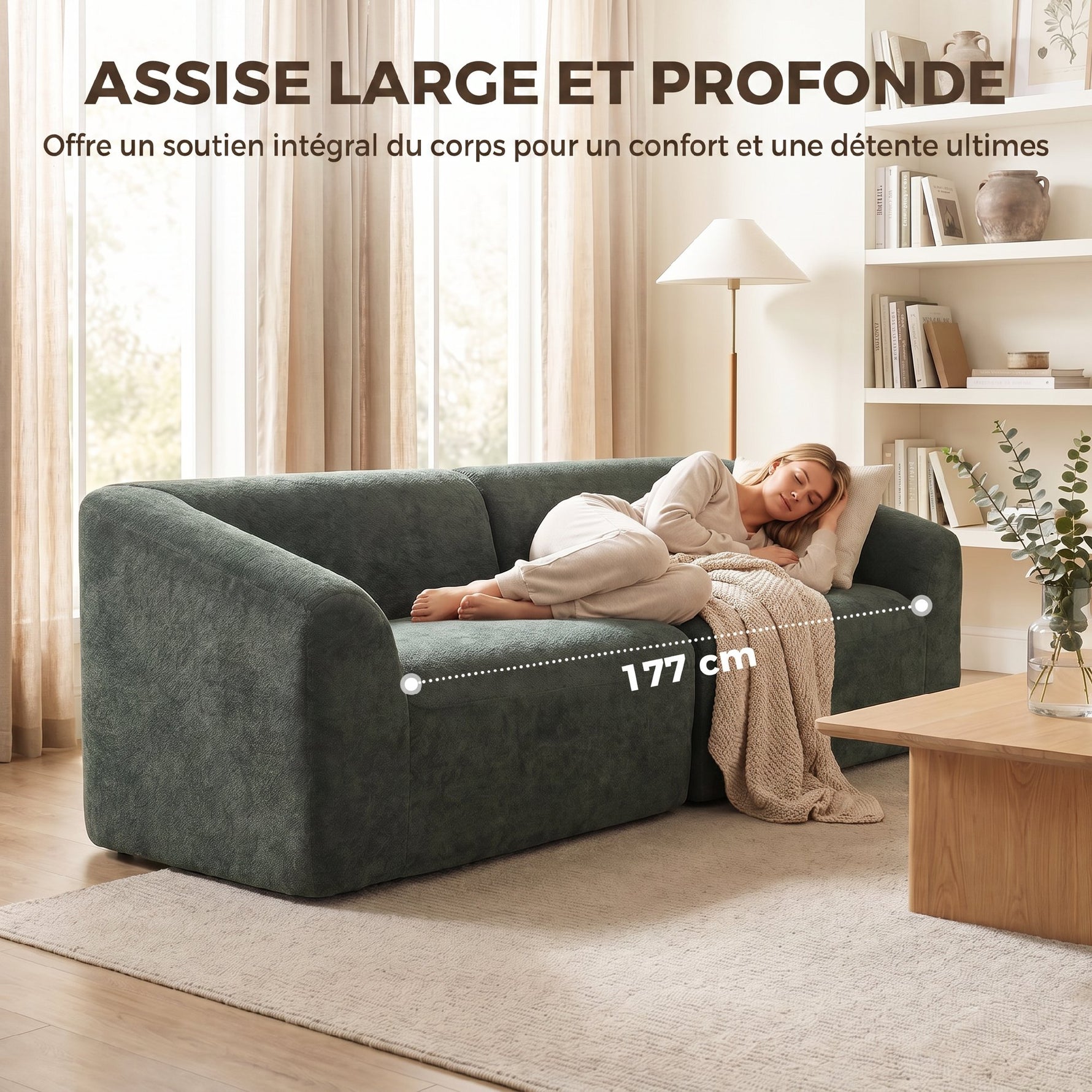 Canapé 3 places en chenille 225 cm, canapé salon rembourré moderne avec assise large, coussin à ressorts, vert foncé