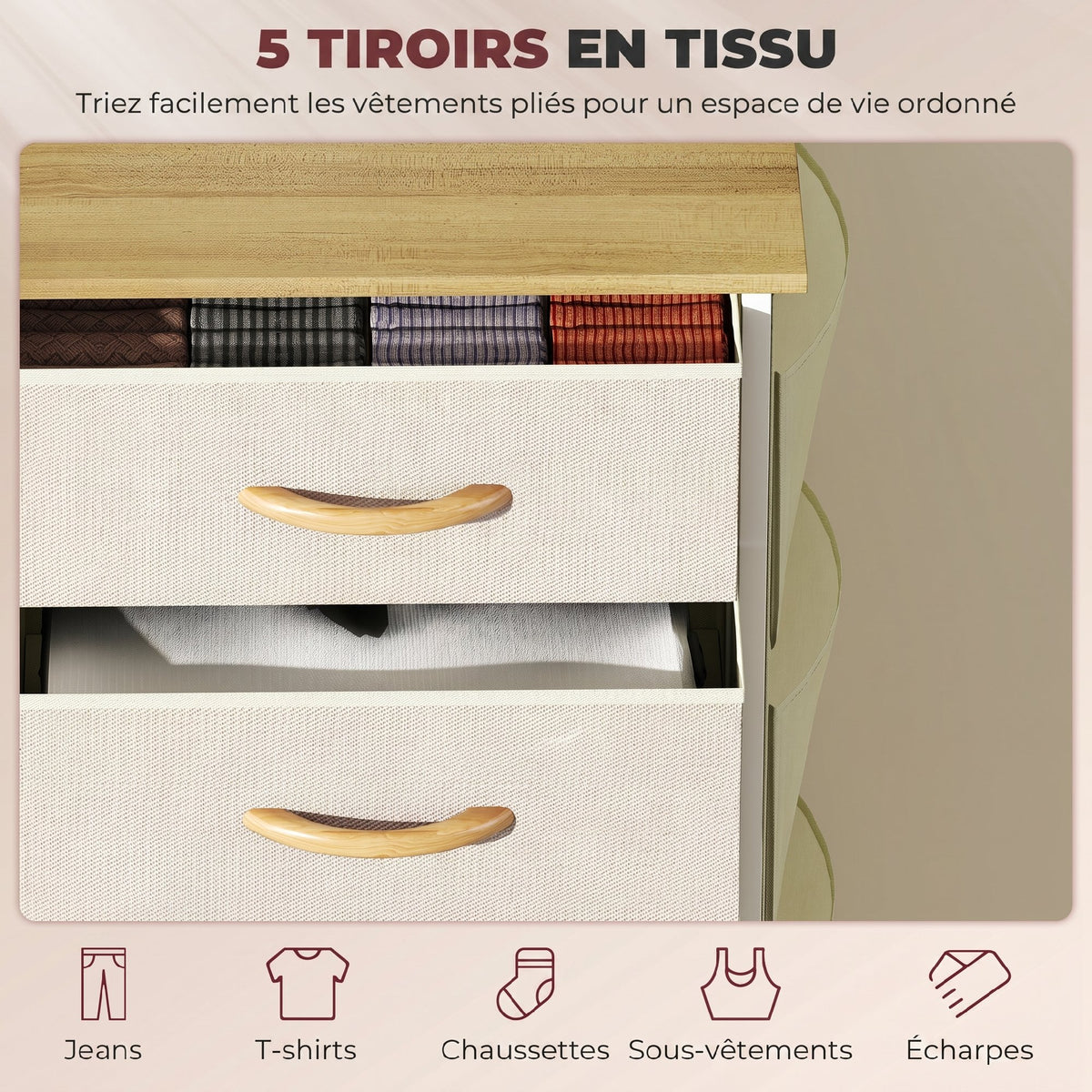 Commode 5 tiroirs en tissu, meuble de rangement avec 4 poches, 2 crochets, structure en acier, 45 x 30 x 94,5 cm, beige