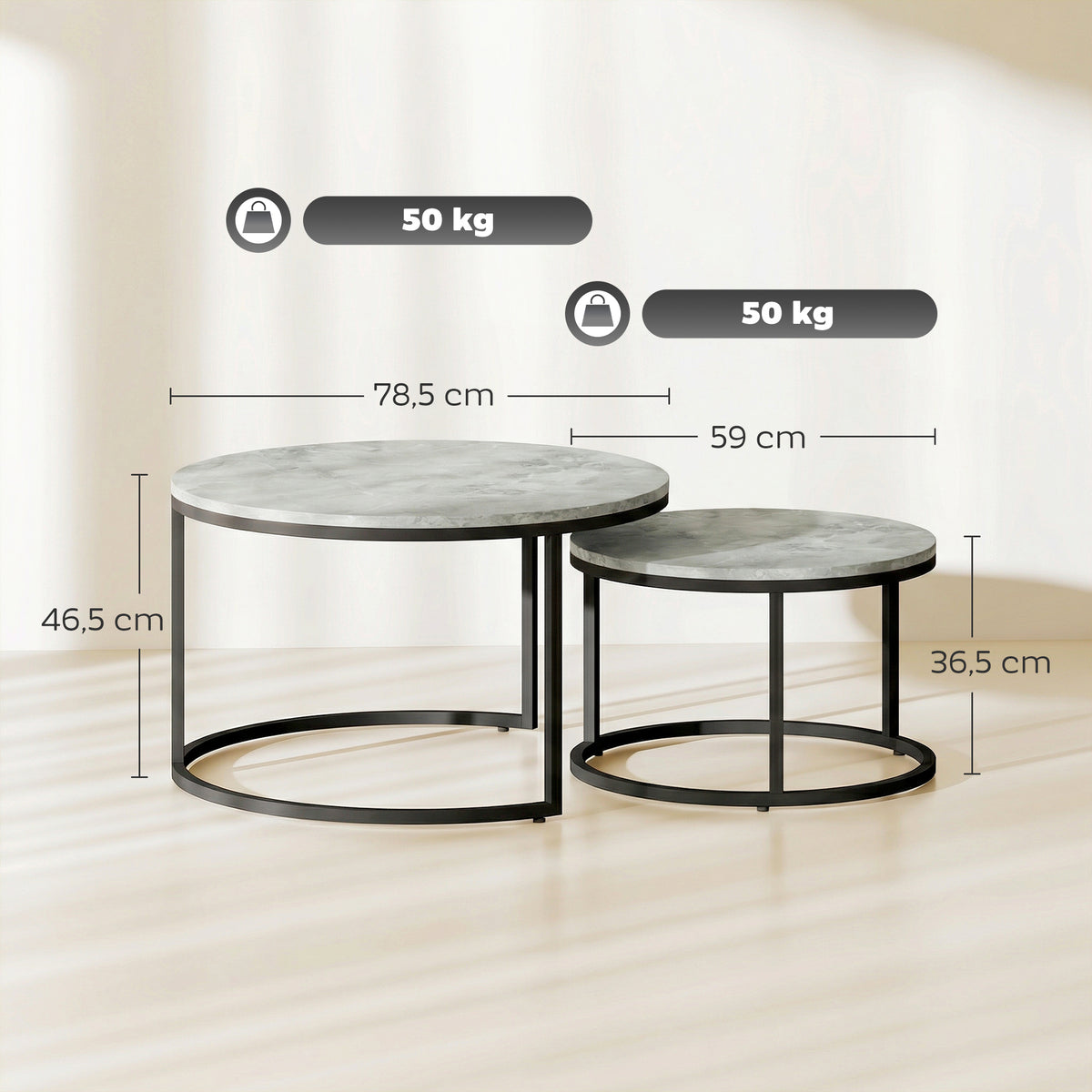 Lot de 2 tables basses gigognes empilable design industriel pieds en métal gris