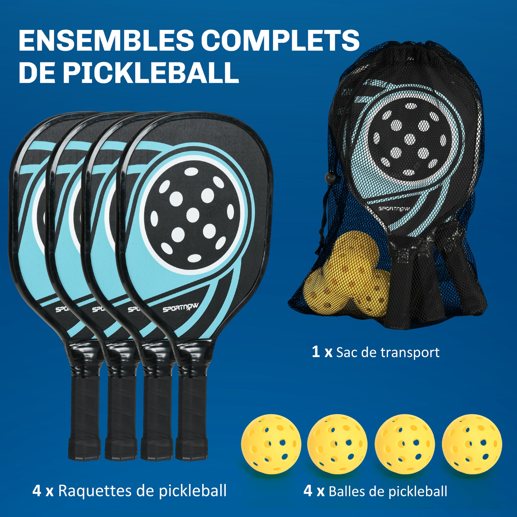Lot de 4 raquettes de pickleball ensemble de raquette de pickleball en bois de peuplier 4 balles et un sac bleu et noir
