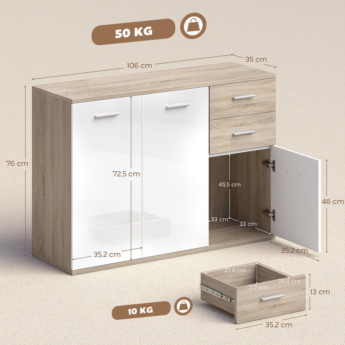 Buffet salon, meuble de rangement avec 2 tiroirs, 3 portes et étagère réglable, 106 x 35 x 76 cm, blanc et bois naturel