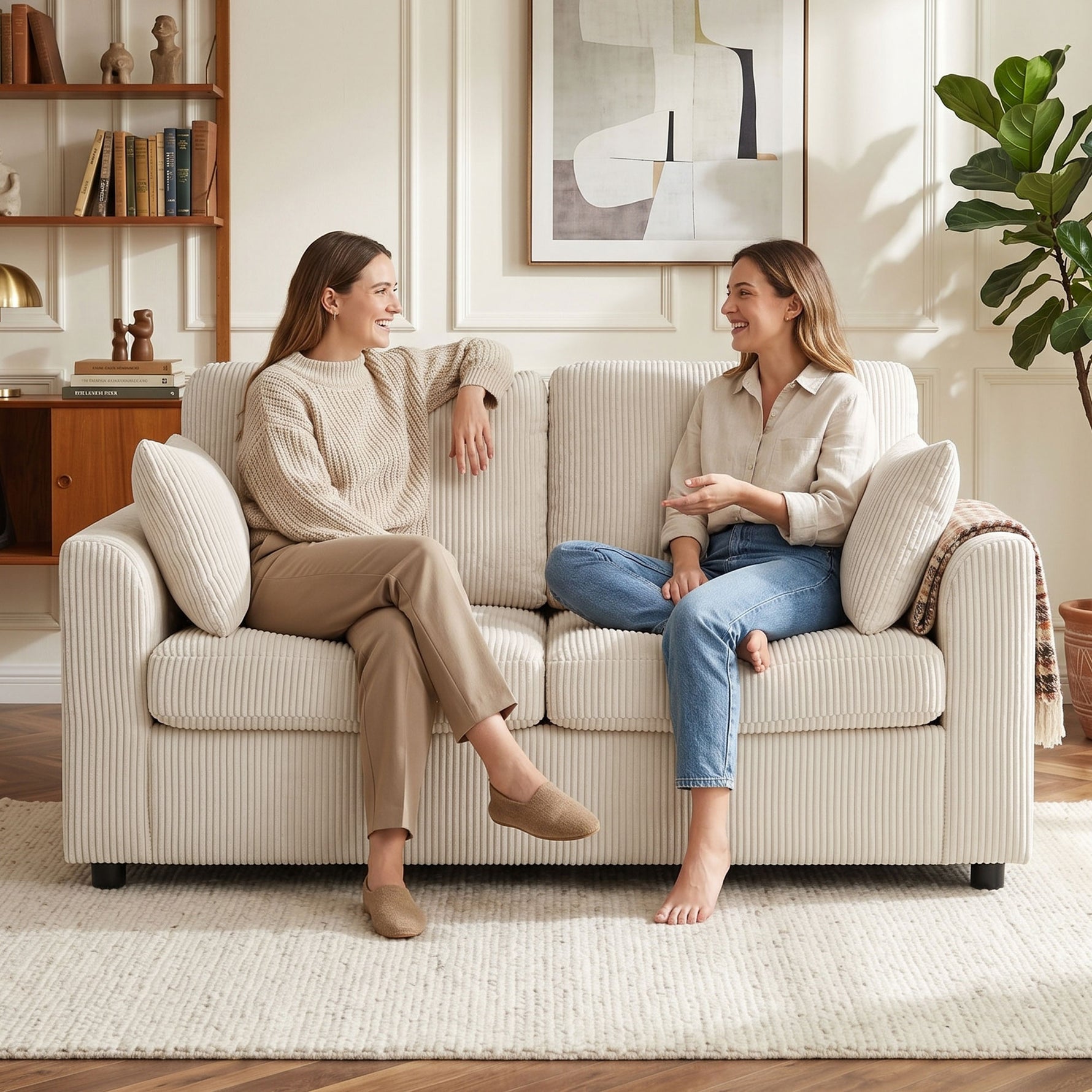 Canapé 2 Places en Velours Côtelé, Canapé de Salon 144 cm avec Assise Large Rembourrée, 2 Oreillers, Beige