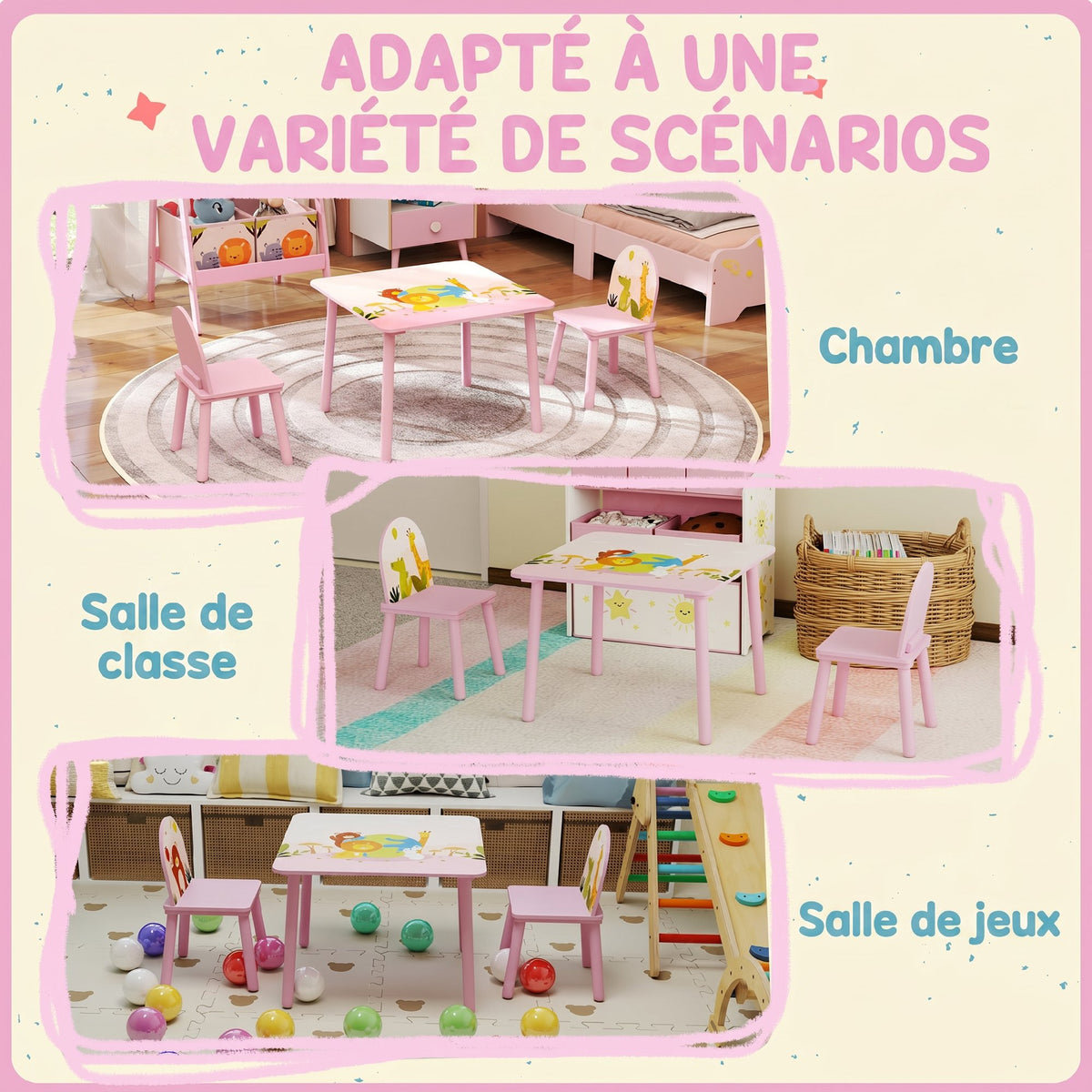 Table enfant avec chaise, ensemble table et 2 chaises en bois pour dessiner, jouer, étudier, rose