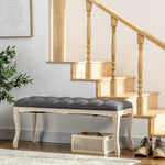 Banc Banquette capitonnée Style Classique 110 cm Bout de lit Rembourrée en lin piètement Bois hévéa sculpté Lin Gris