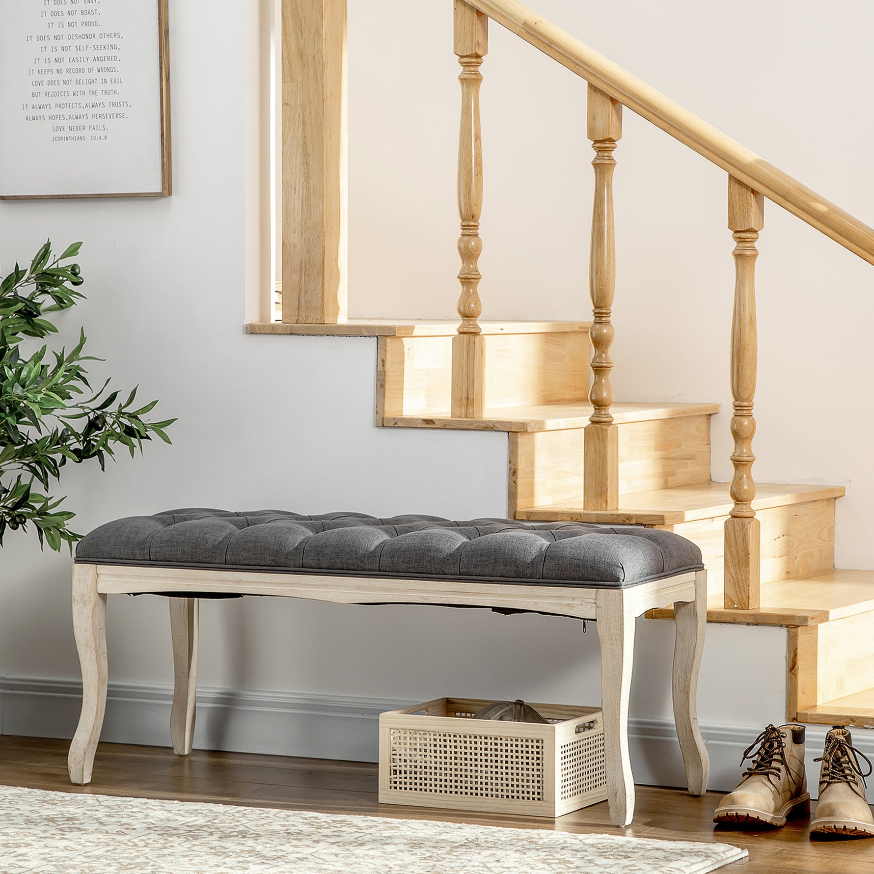 Banc Banquette capitonnée Style Classique 110 cm Bout de lit Rembourrée en lin piètement Bois hévéa sculpté Lin Gris