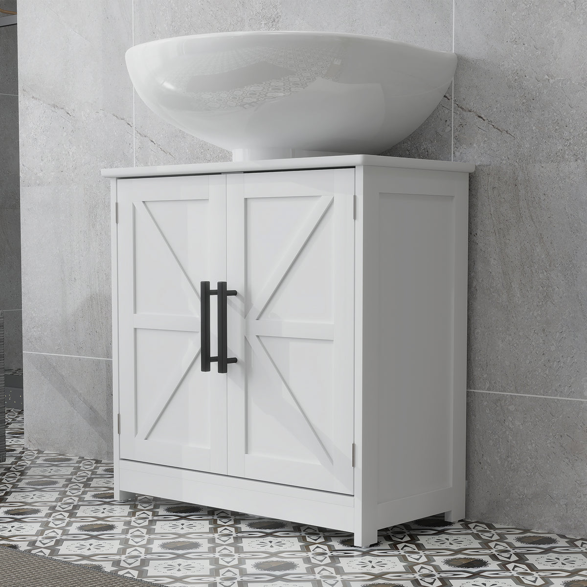 Meuble sous lavabo, meuble de salle de bain avec 2 portes magnétiques style grange et étagères, 60 x 30 x 60 cm, blanc