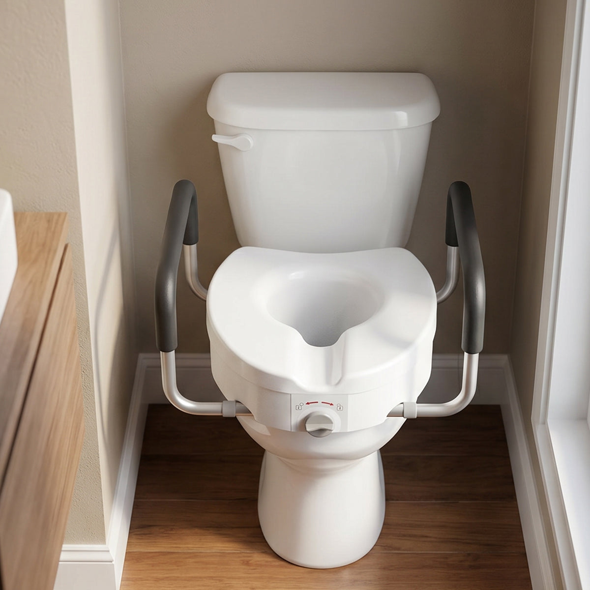 Toilettensitzerhöhung mit Griffen, verstellbare Breite, gepolsterte Armlehnen, weiß