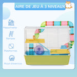 Cage à hamster rat rongeur 3 niveaux avec tunnel, biberon eau, roue, maisonnette, échelles dim. 59L x 36l x 47H cm