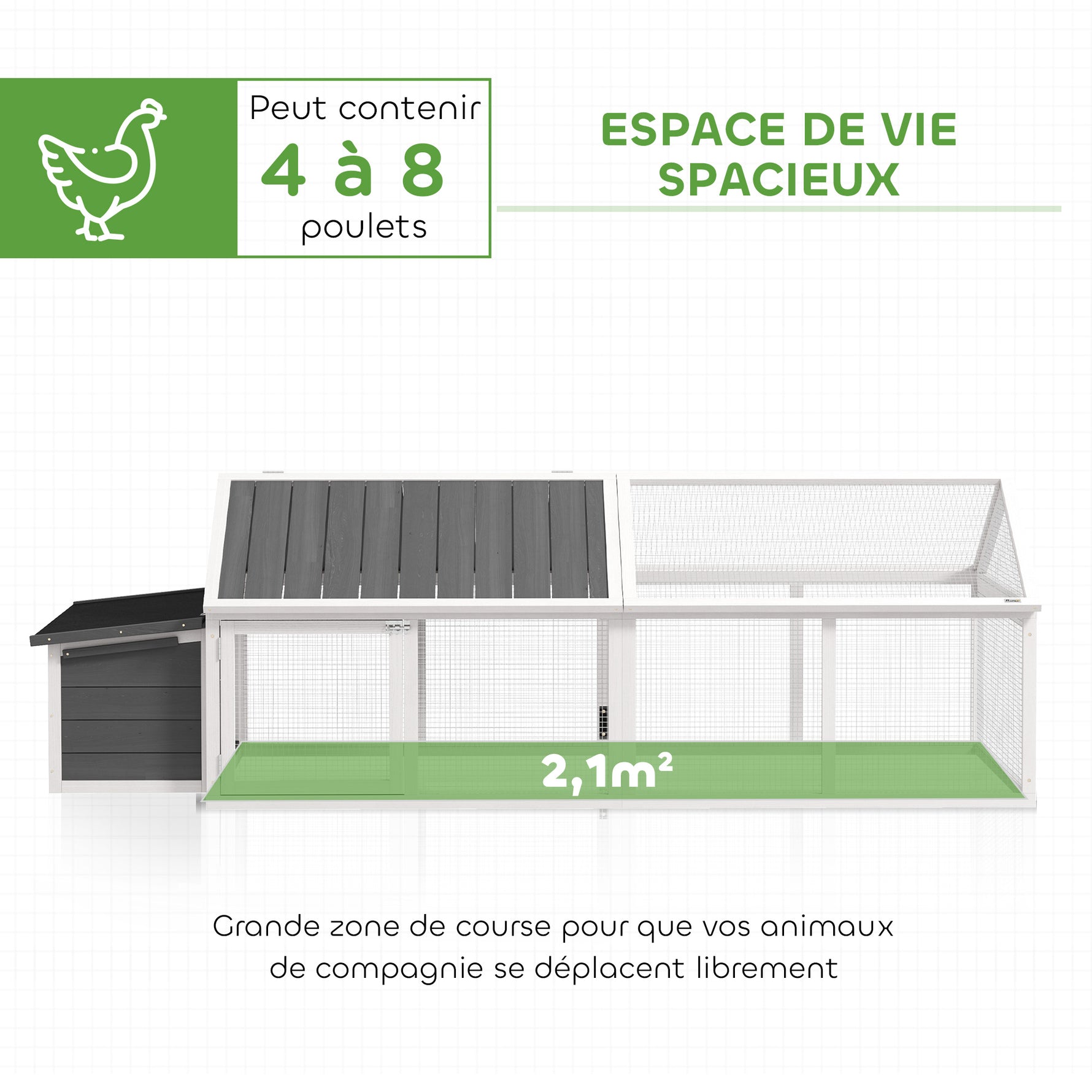 Poulailler pour poules cage à poule avec nichoir porte et toit ouvrable pour 4 et 8 poules 240 x 112,5 x 76 cm blanc