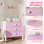 Commode pour enfants, commode rangement 3 tiroirs pour chambre d'enfant, crèche, salle de jeux, 60 x 40 x 60 cm, rose