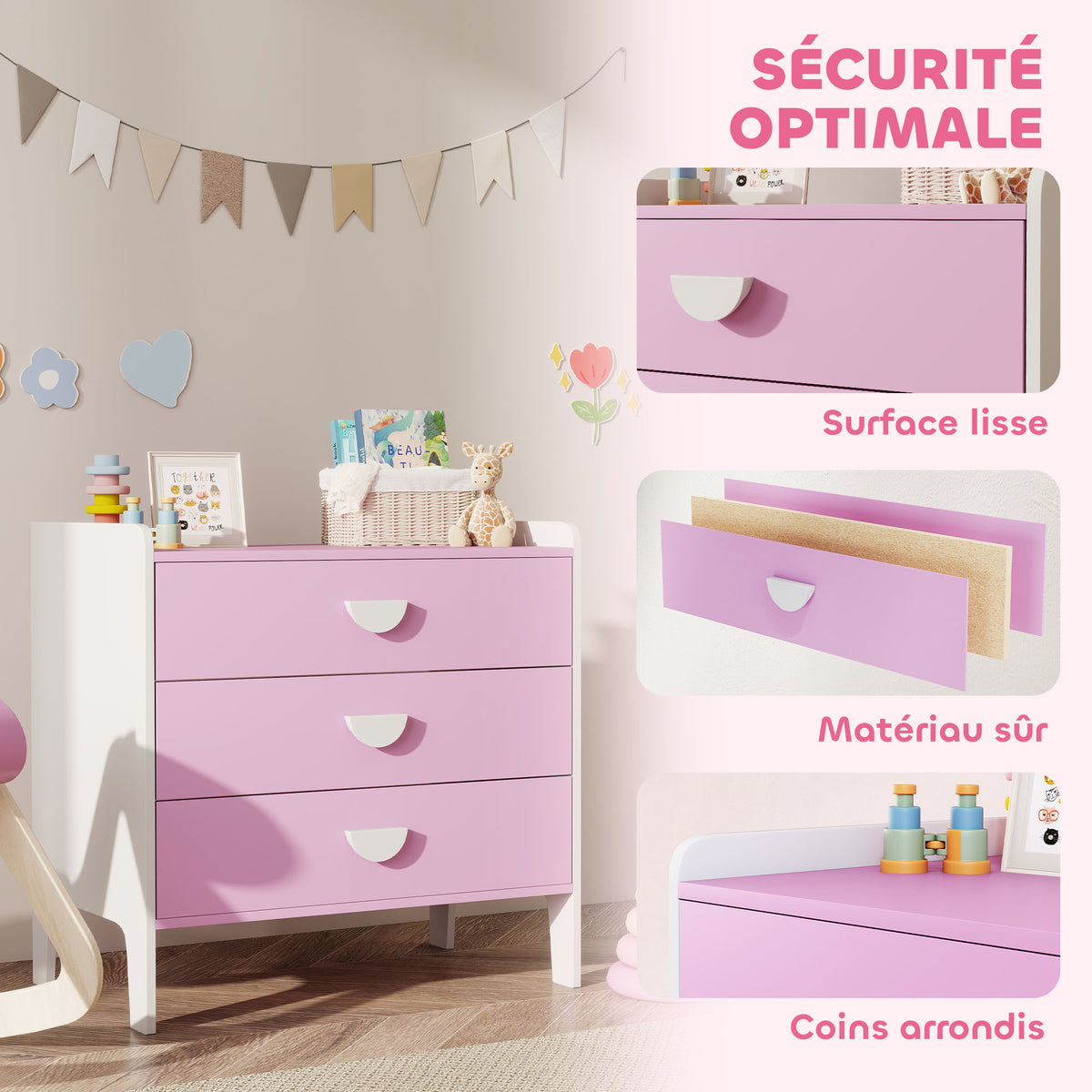 Commode pour enfants, commode rangement 3 tiroirs pour chambre d'enfant, crèche, salle de jeux, 60 x 40 x 60 cm, rose