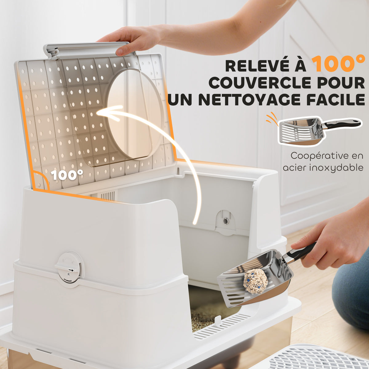 Bac à Litière XL en Acier Inoxydable pour Grand Chat, Couvercle Pivotant 100°, Pelle, 60,2x40,2x44,5cm, Gris Clair