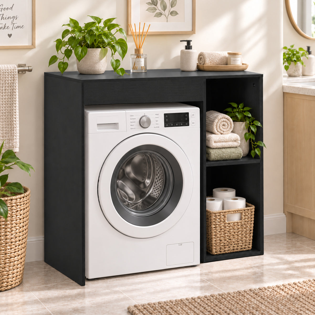 Mueble para lavadora, armario para lavadora y secadora con 2 compartimentos abiertos, 96 x 60 x 90,5 cm, negro