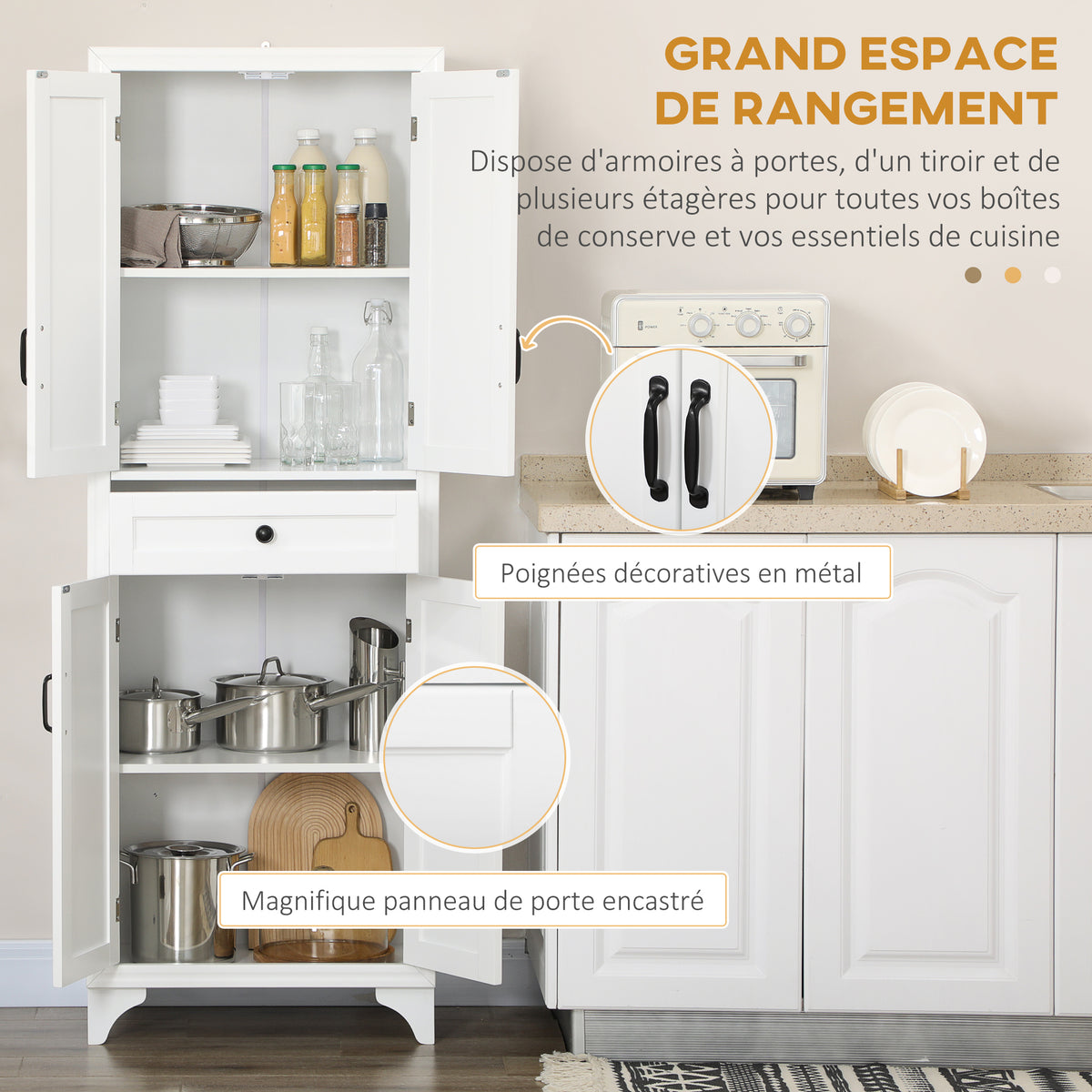 Credenza alta mobile da cucina 4 ante 2 scomparti e 1 cassetto centrale altezza 170 cm con ripiano regolabile bianco