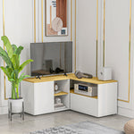 Meuble TV d'angle banc télévision jusqu'à 40 pouces avec rangements aspect bois clair et blanc