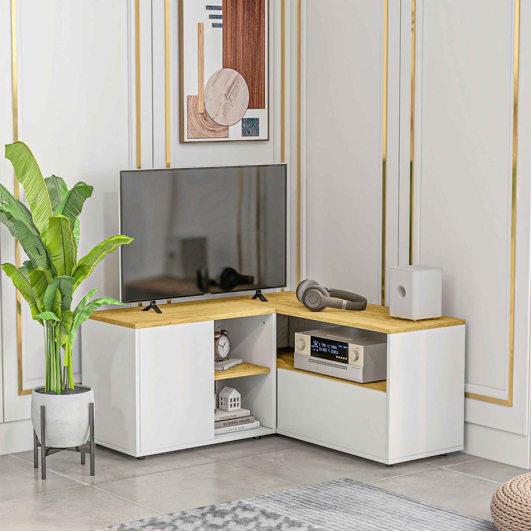 Meuble TV d'angle banc télévision jusqu'à 40 pouces avec rangements aspect bois clair et blanc