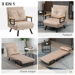 Fauteuil convertible 3 en 1 lit 1 place dossier 5 positions, accoudoirs en bois et coussin, tissu effet velours, beige